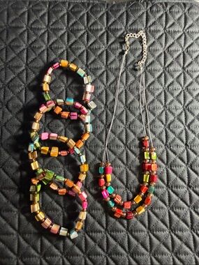 Colorful Multicolor Bead Necklace and Bracelet Set - Women's Fashion Jewelry
